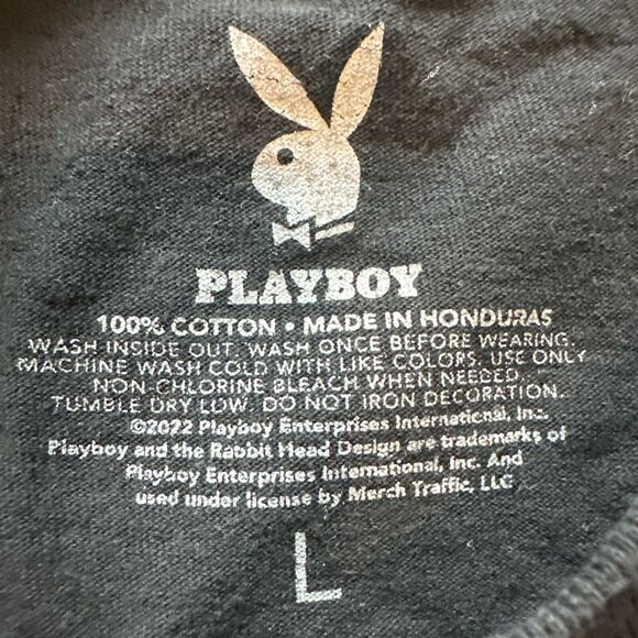 Playboy Shirt Mens Large Black Pink Spell Out Play Mates Bunny Hugh Hefner Tee - Picture 5 of 10